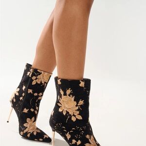 Black & Gold Floral Embroidered Ankle Booties
